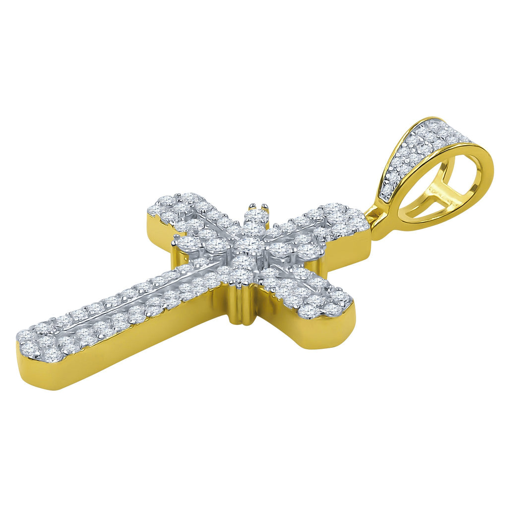Sterling Silver CZ Double Cross Pendant Pave Gold Edge