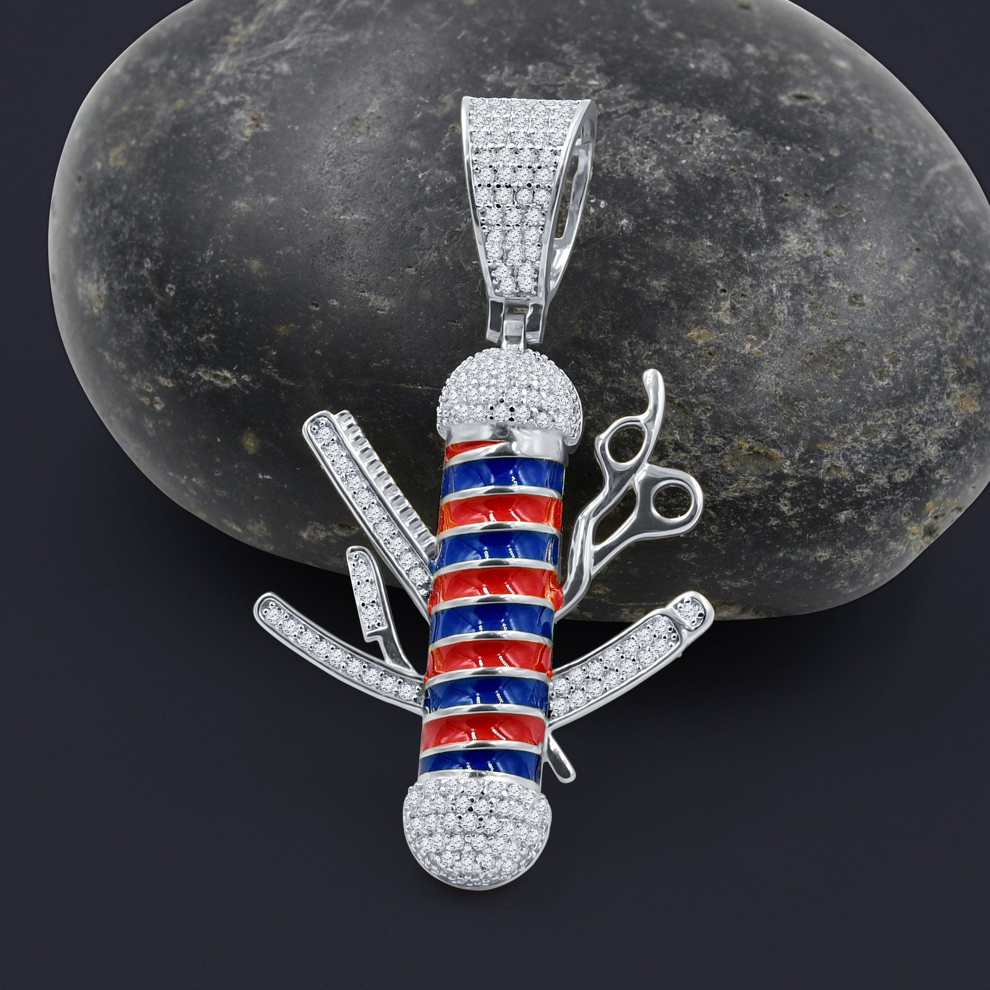 Sterling Silver CZ Sword Pendant Red Blue Enamel Rhodium