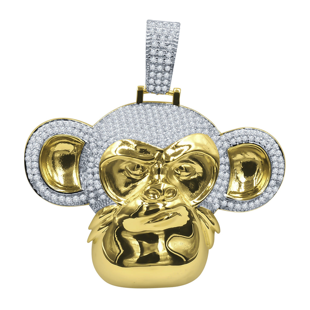 Sterling Silver CZ Beast Face Pendant Gold Accent Somatic Tribal Style Necklace