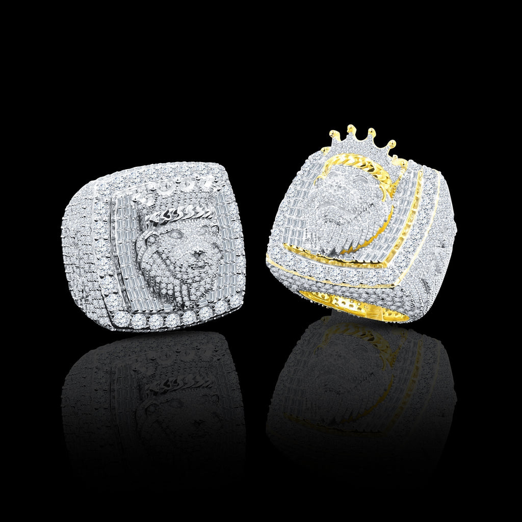 Sterling Silver Lion Signet Ring Pave Stones Gold Accent