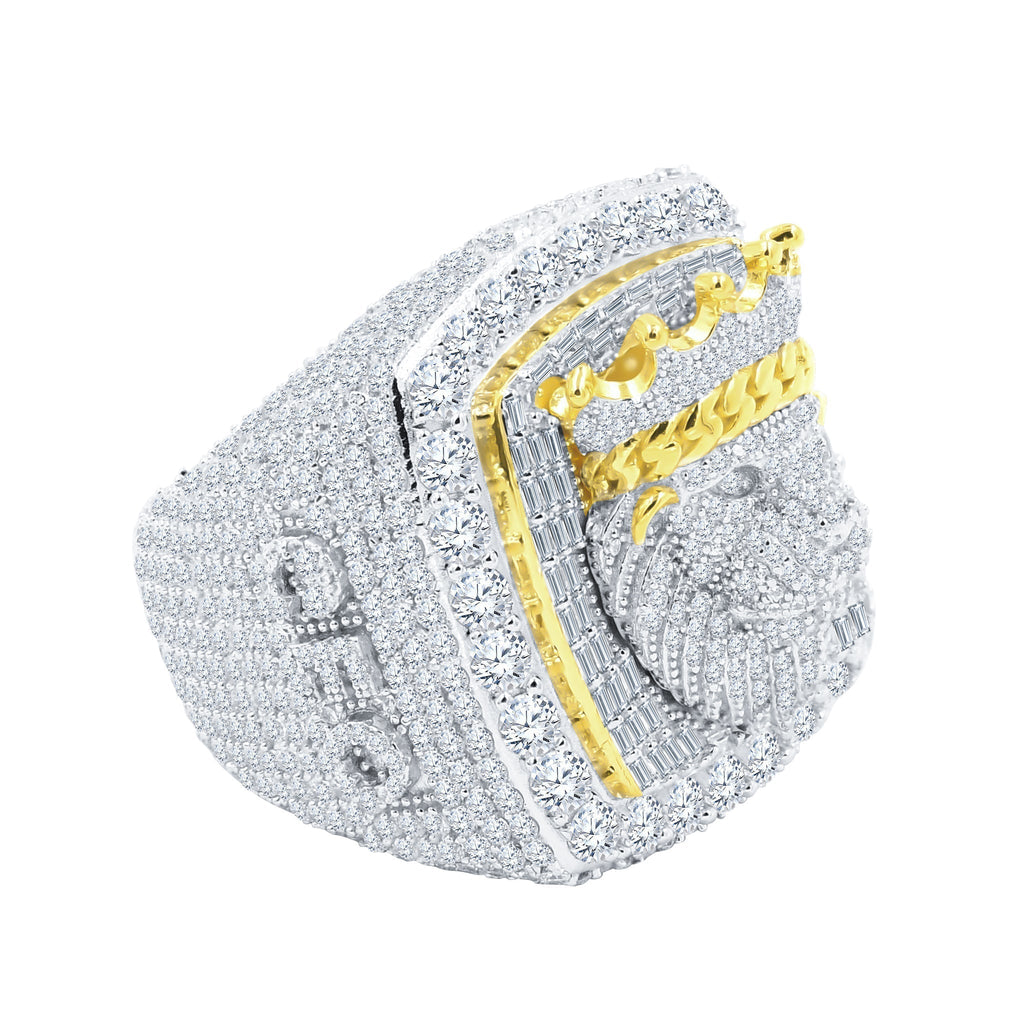 Sterling Silver Lion Signet Ring Pave Stones Gold Accent