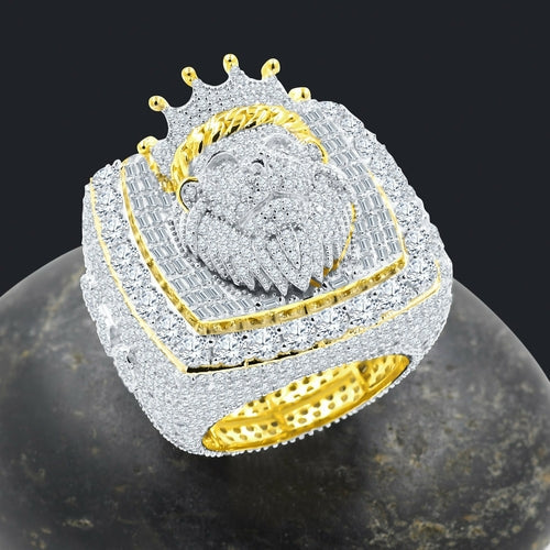 Sterling Silver Lion Signet Ring Pave Stones Gold Accent