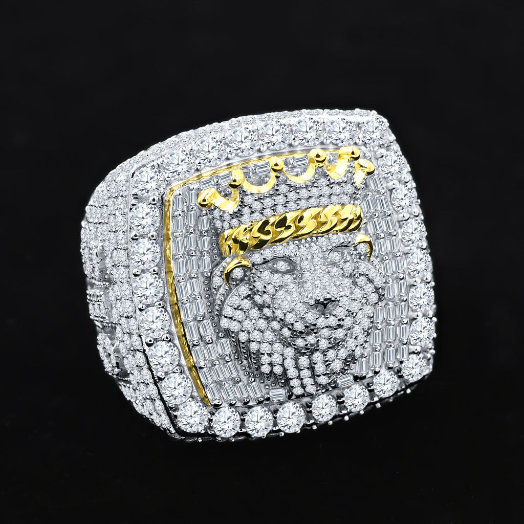 Sterling Silver Lion Signet Ring Pave Stones Gold Accent