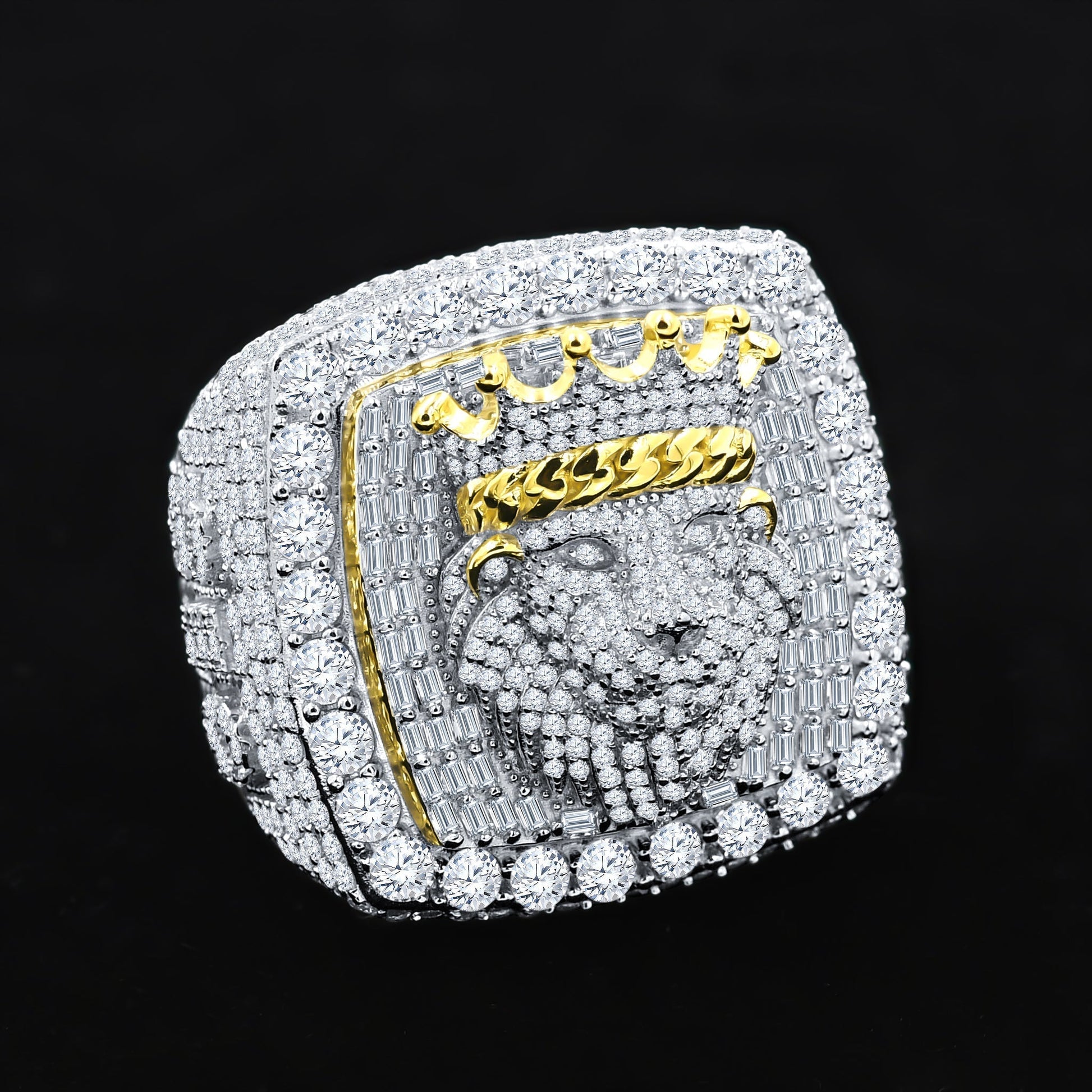 Sterling Silver Lion Signet Ring Pave Stones Gold Accent