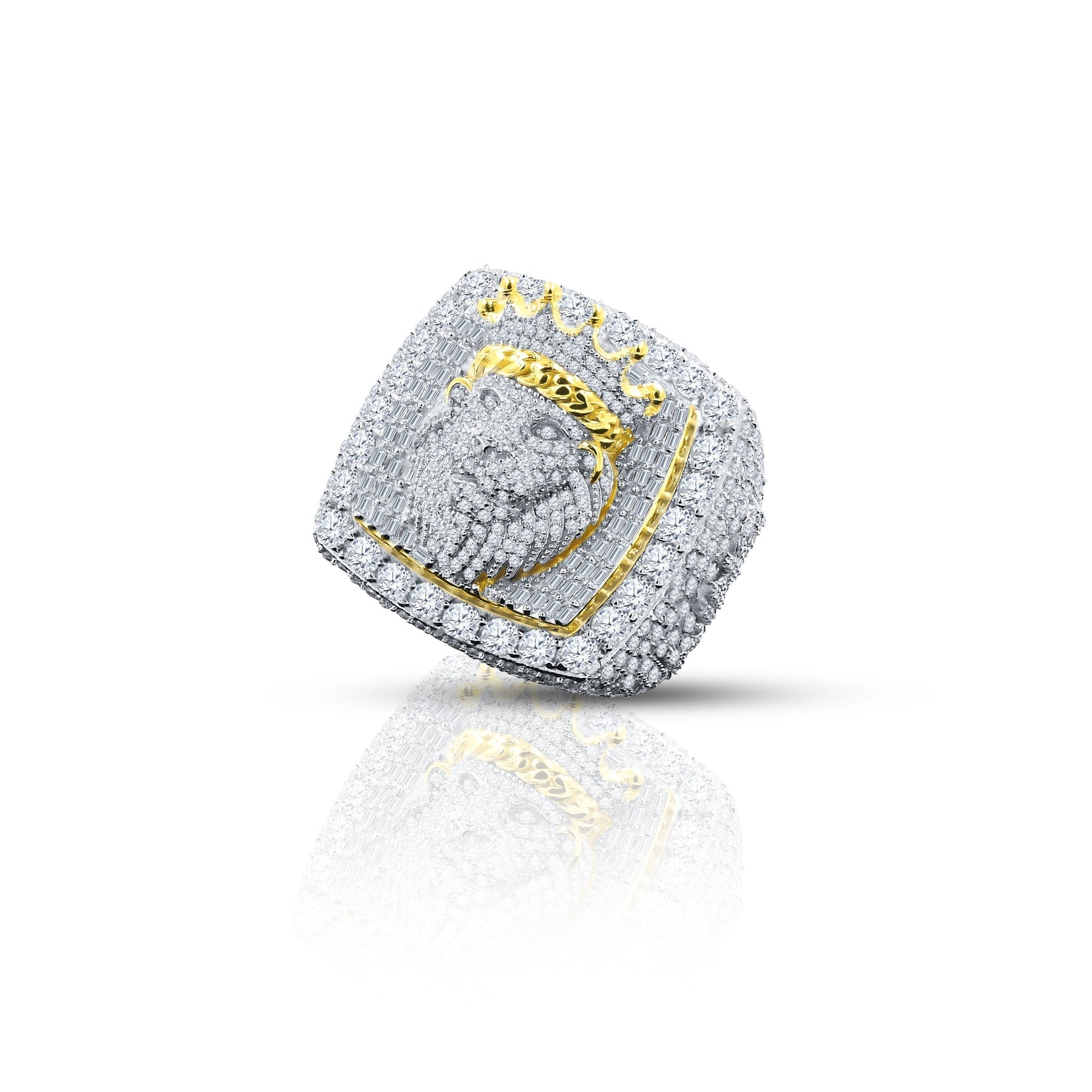 Sterling Silver Lion Signet Ring Pave Stones Gold Accent
