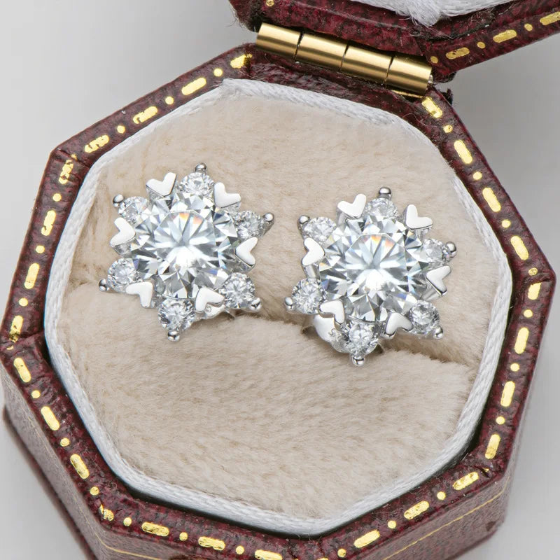 Sterling Silver S925 Moissanite Snowflake Stud Earrings 6-Claw Valentine's