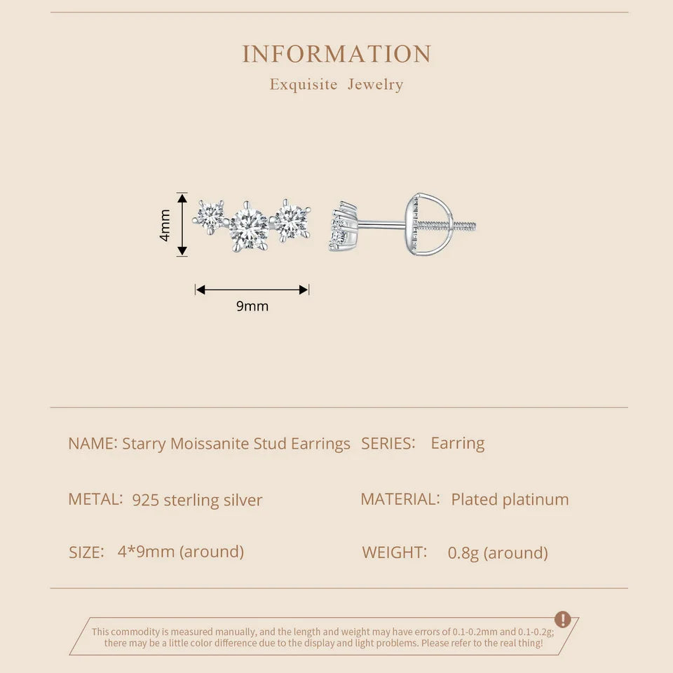 Sterling Silver S925 Moissanite Star Stud Earrings Screw Back Engagement Gift