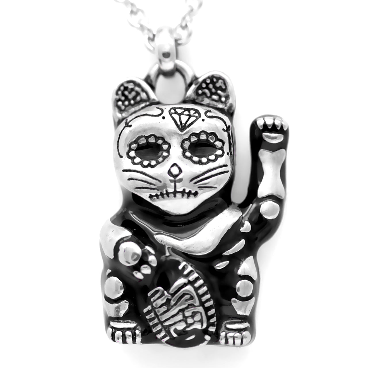 Sterling Silver Sugar Skull Cat Necklace Pendant Gothic