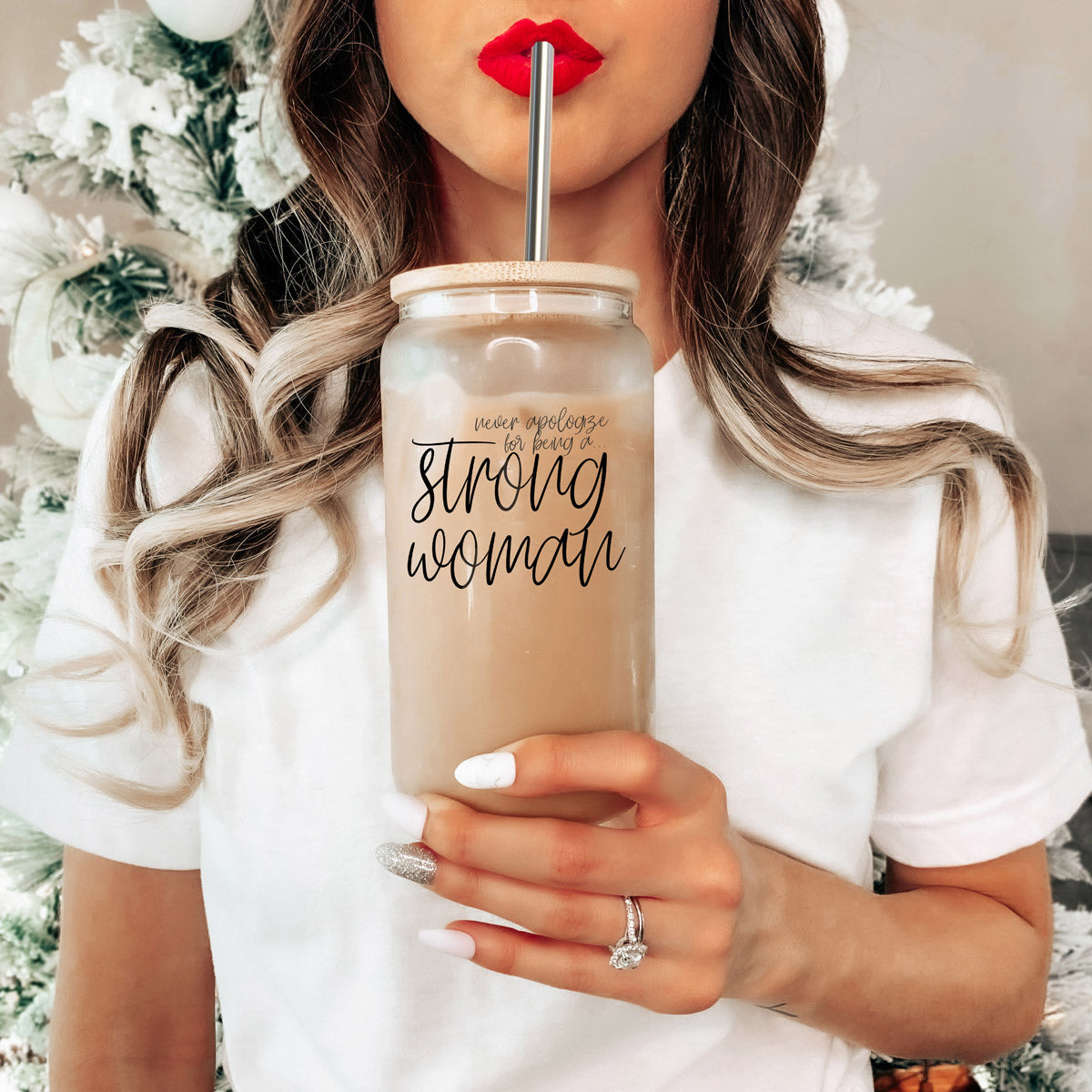 Strong Woman 17oz Glass Tumbler With Bamboo Lid And Stainless Straws - Gift