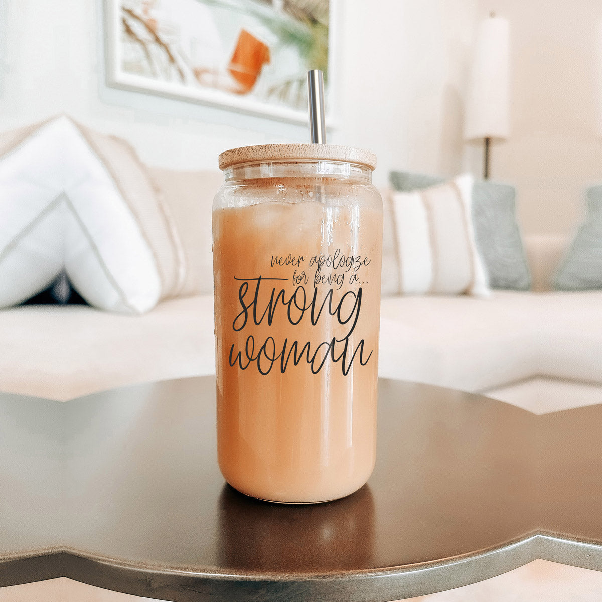 Strong Woman 17oz Glass Tumbler With Bamboo Lid And Stainless Straws - Gift