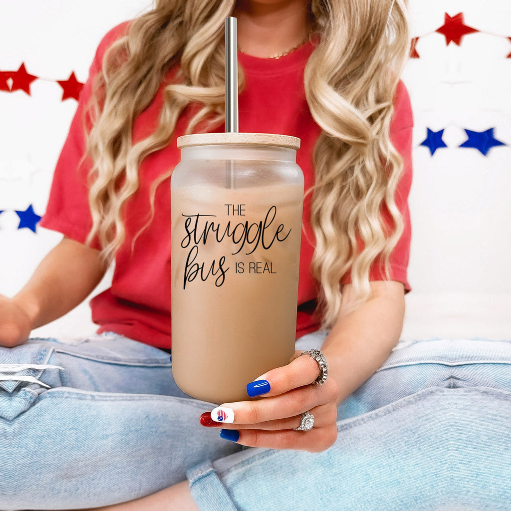 Struggle Bus 17oz Glass Tumbler Bamboo Lid 2 SS Straws and Cleaner Brush