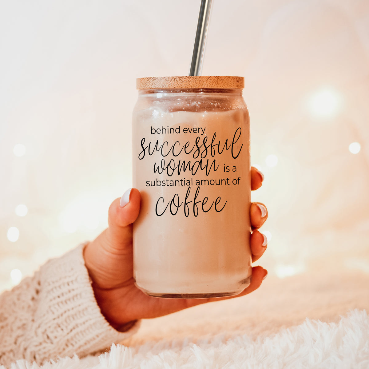 17oz Glass Tumbler Bamboo Lid Stainless Straws - Coffee Quote For Women