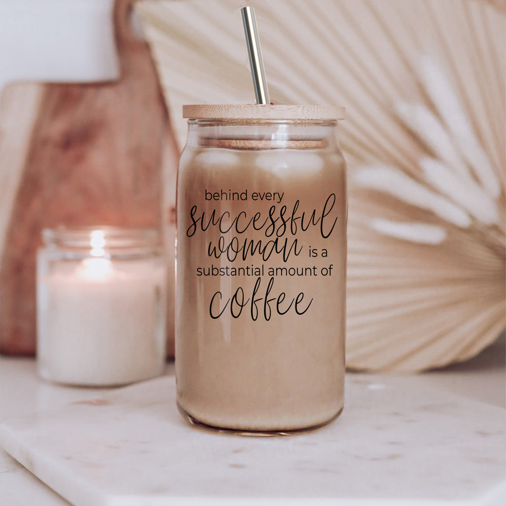 17oz Glass Tumbler Bamboo Lid Stainless Straws - Coffee Quote For Women