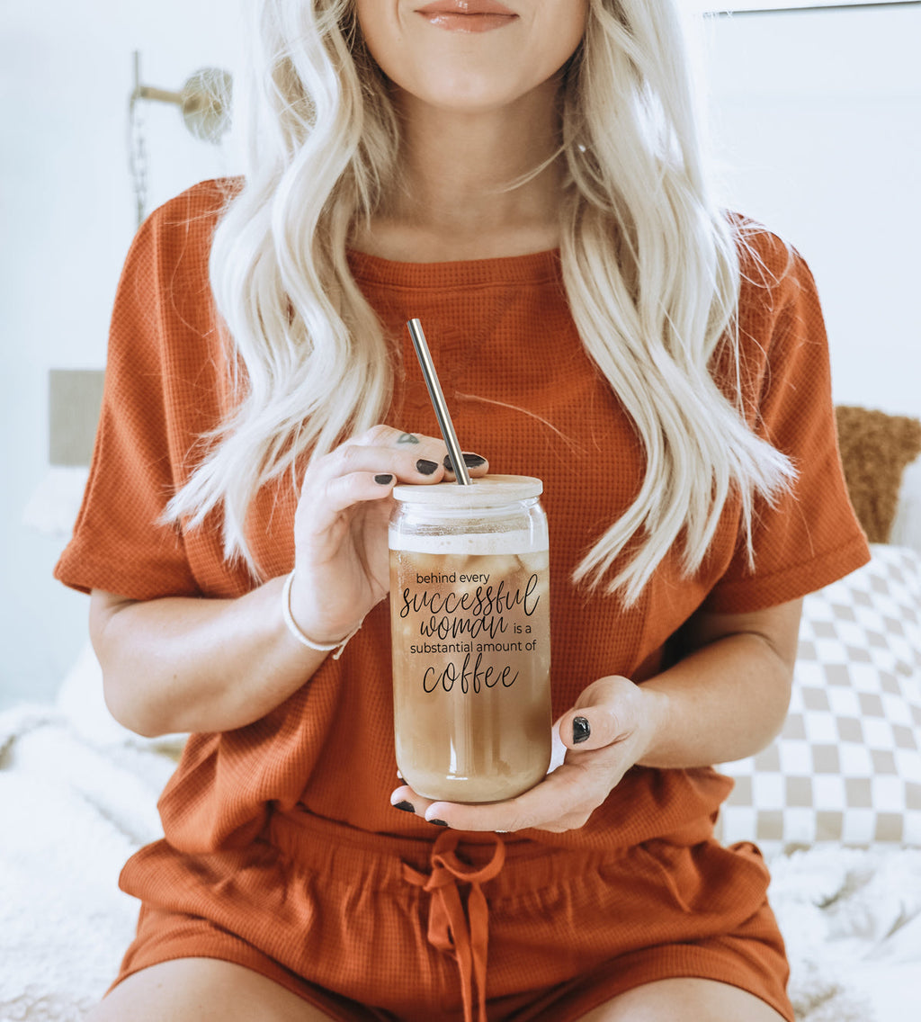 17oz Glass Tumbler Bamboo Lid Stainless Straws - Coffee Quote For Women
