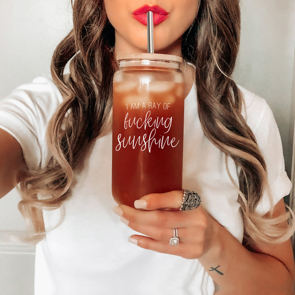 17oz Glass Tumbler With Bamboo Lid, 2 Stainless Straws and Cleaner, Sassy