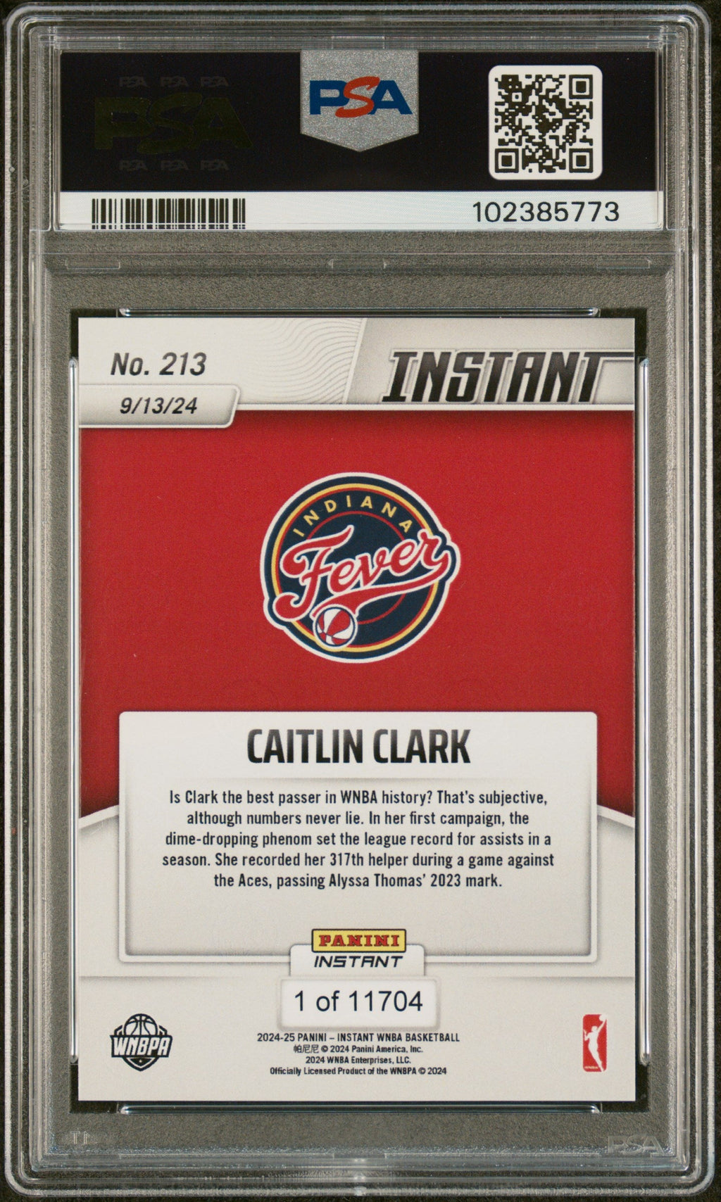 Graded 2024 Panini Instant WNBA Caitlin Clark #213 Rookie RC Basketball Card PSA 9 Mint