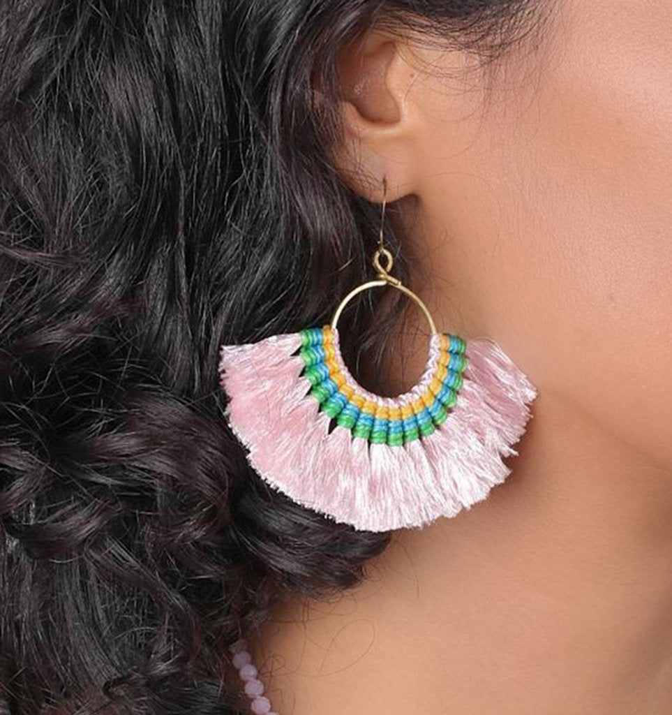 Tassel Fan Earrings Boho Cotton Tassel Lightweight 3in Drop Brass Handmade