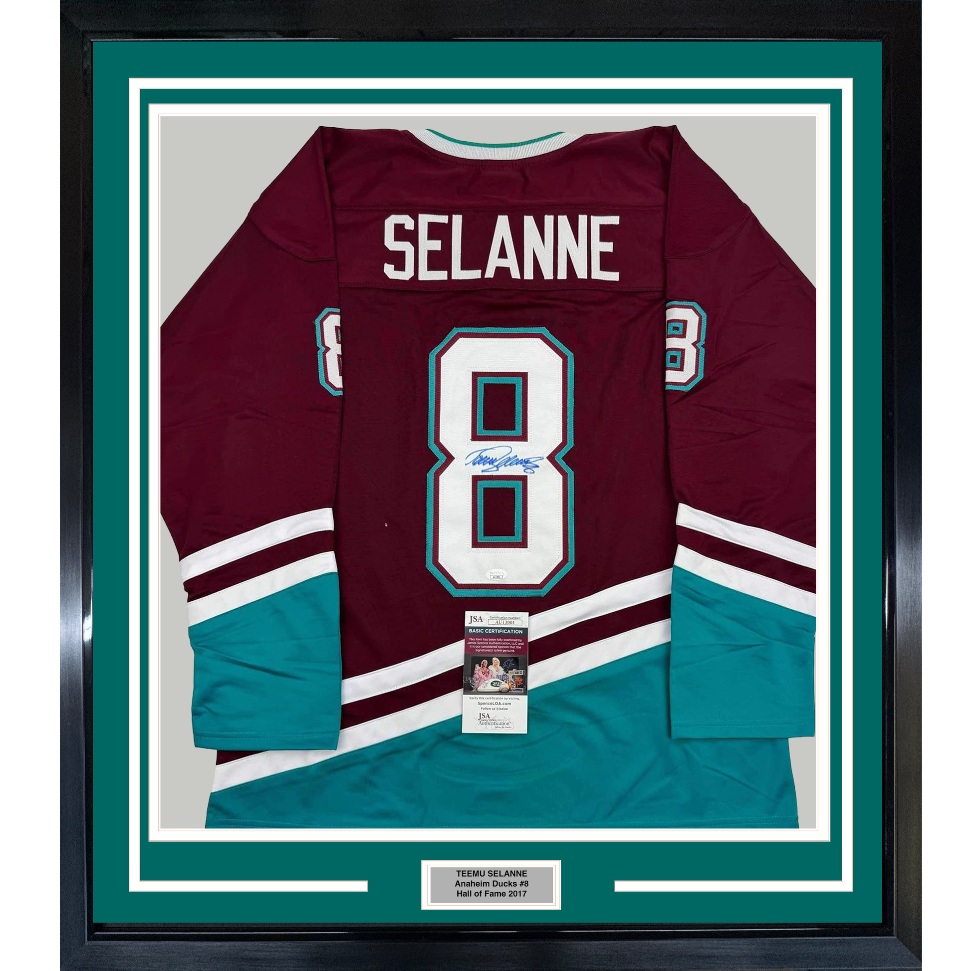 Framed Autographed/Signed Teemu Selanne 35x39 Anaheim Maroon Retro Hockey Jersey JSA COA