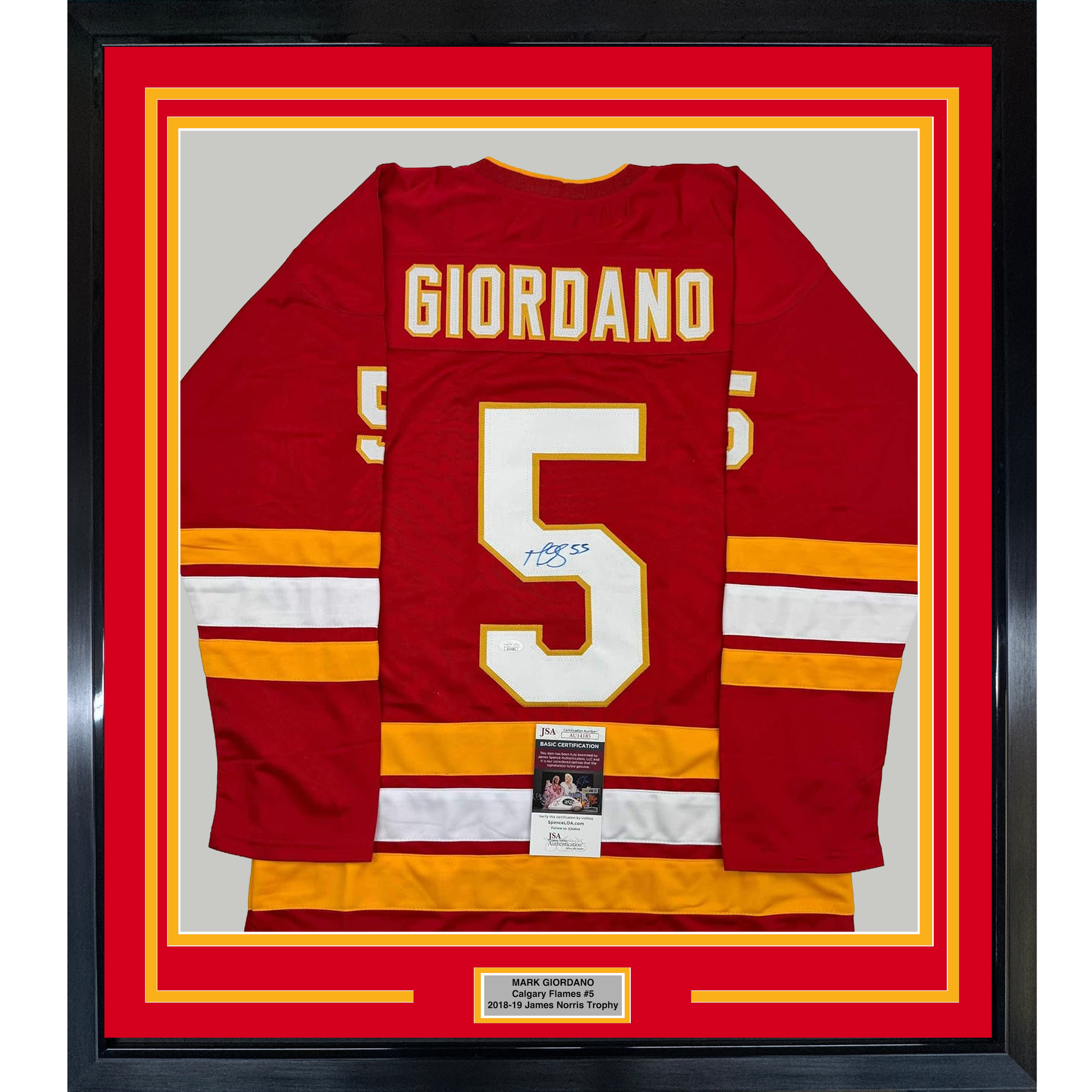 Framed Autographed/Signed Mark Giordano 35x39 Calgary Red Hockey Jersey JSA COA