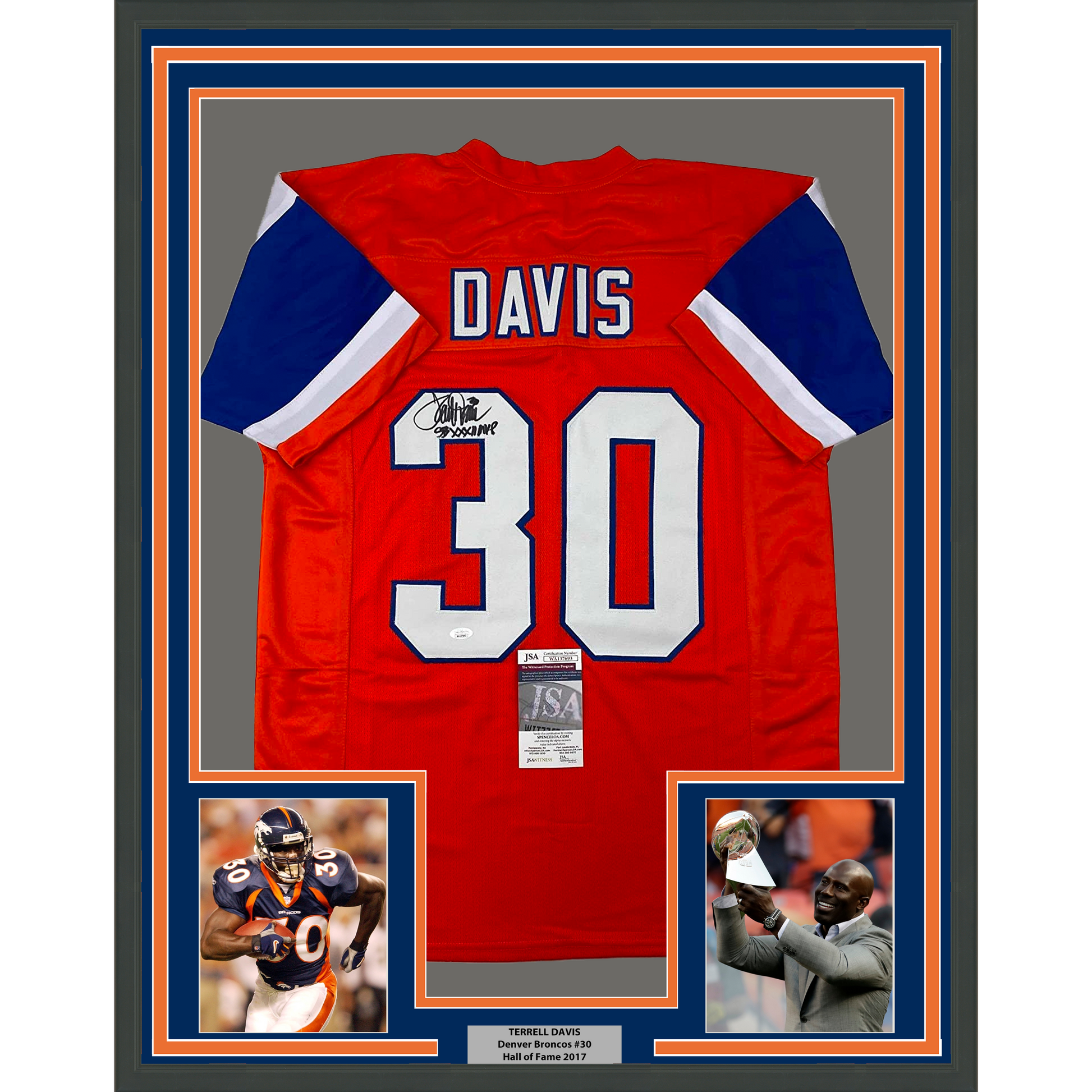 Framed Autographed/Signed Terrell Davis 35x39 SB XXXII MVP Denver Retro Orange Football Jersey JSA COA