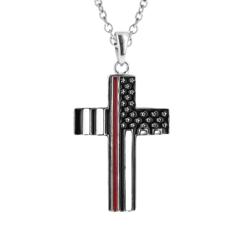 Firefighter Thin Red Line American Flag Cross Necklace