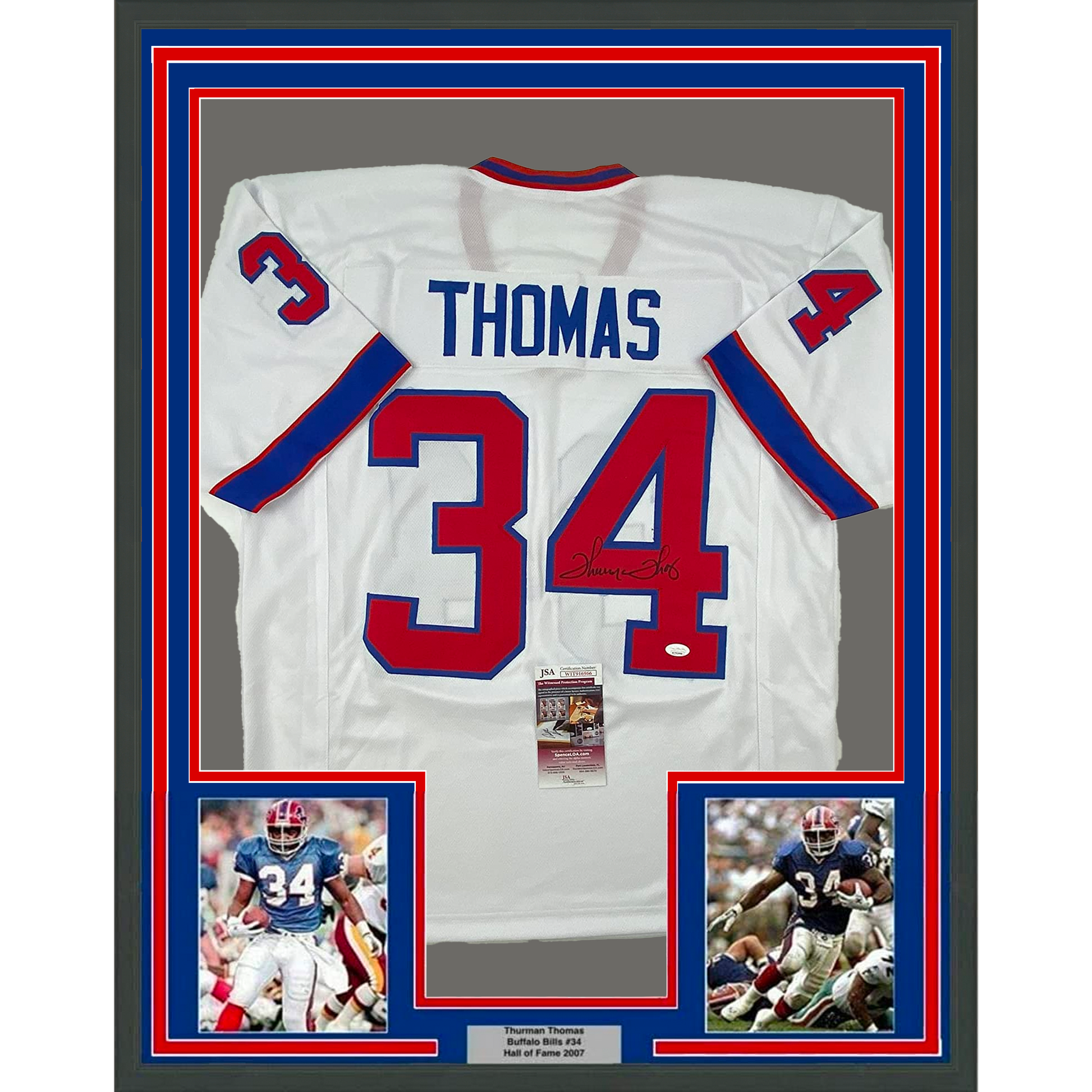Framed Autographed/Signed Thurman Thomas 35x39 Buffalo White Alternate Football Jersey JSA COA