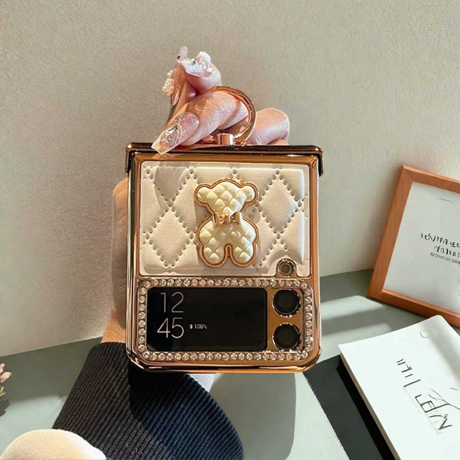 Rhinestone & Rhombus Leather Design - Stylish Hinge Protective Cover with Secure Grip for Z Flip4 Samsung Galaxy Z Flip 4 Case with Ring