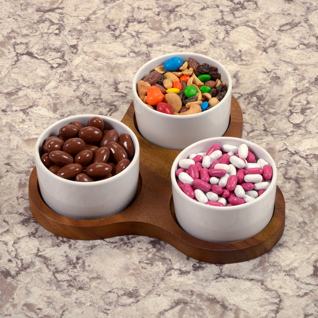 Triangular Acacia Serving Board With 3 White Ceramic Dishes 10in Square Cheese Charcuterie Set