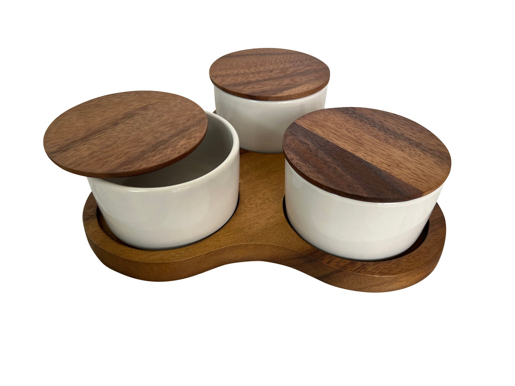 Triangular Acacia Serving Board With 3 White Ceramic Dishes 10in Square Cheese Charcuterie Set