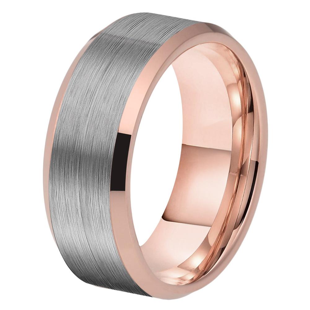 Tungsten Carbide Brushed Ring Rose Gold Edge Wedding Band