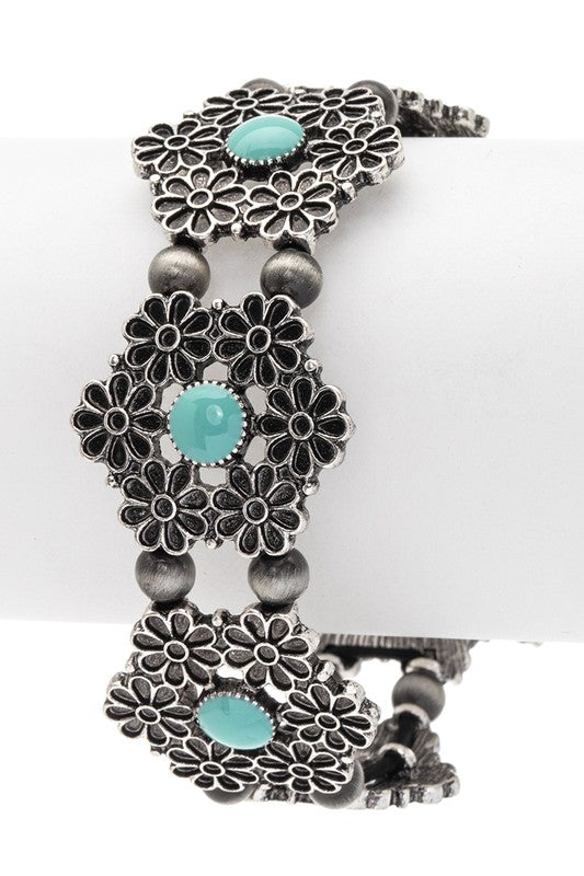 Turquoise Flower Engraved Western Bracelet Silver Style