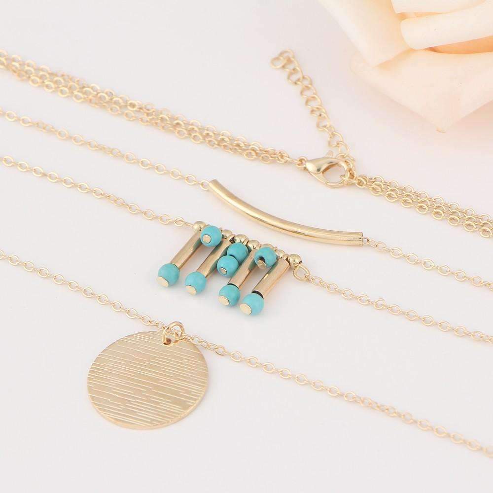 Turquoise Layered Necklace Boho Gold Multilayer Pendant