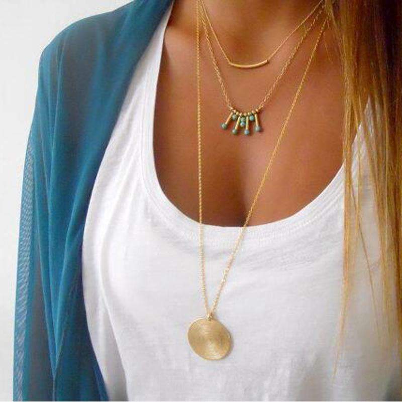 Turquoise Layered Necklace Boho Gold Multilayer Pendant