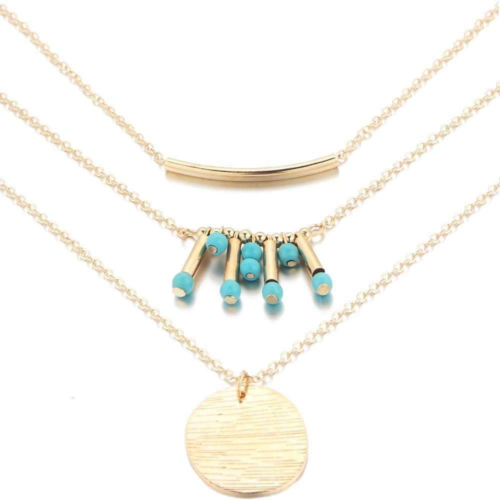 Turquoise Layered Necklace Boho Gold Multilayer Pendant