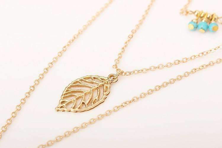 Turquoise Leaf Feather Layered Boho Pendant Necklace
