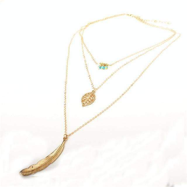 Turquoise Leaf Feather Layered Boho Pendant Necklace