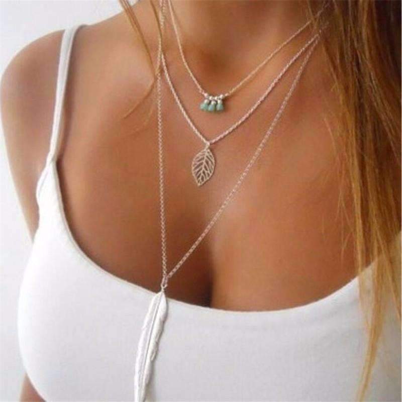 Turquoise Leaf Feather Layered Boho Pendant Necklace