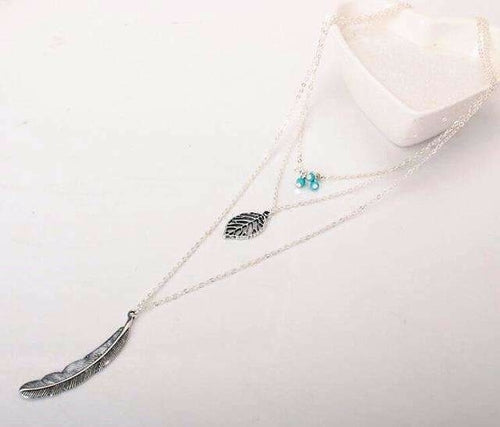Turquoise Leaf Feather Layered Boho Pendant Necklace