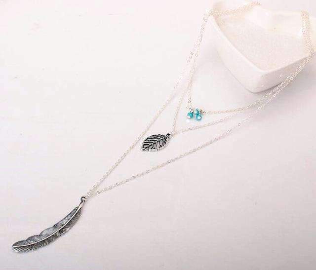 Turquoise Leaf Feather Layered Boho Pendant Necklace