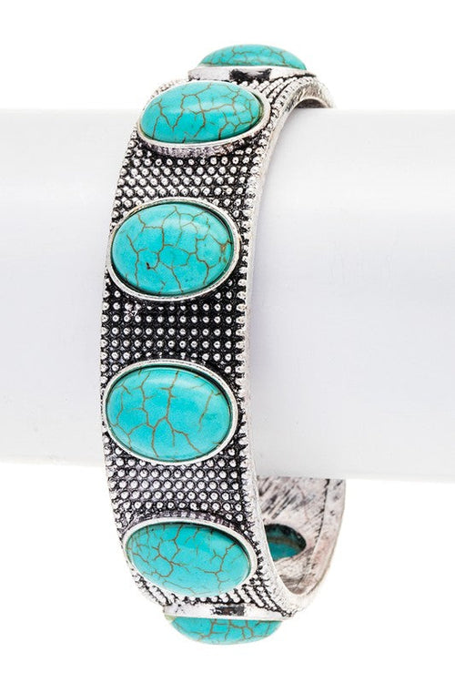Turquoise Oval Stone Textured Open Cuff Silver Bracelet