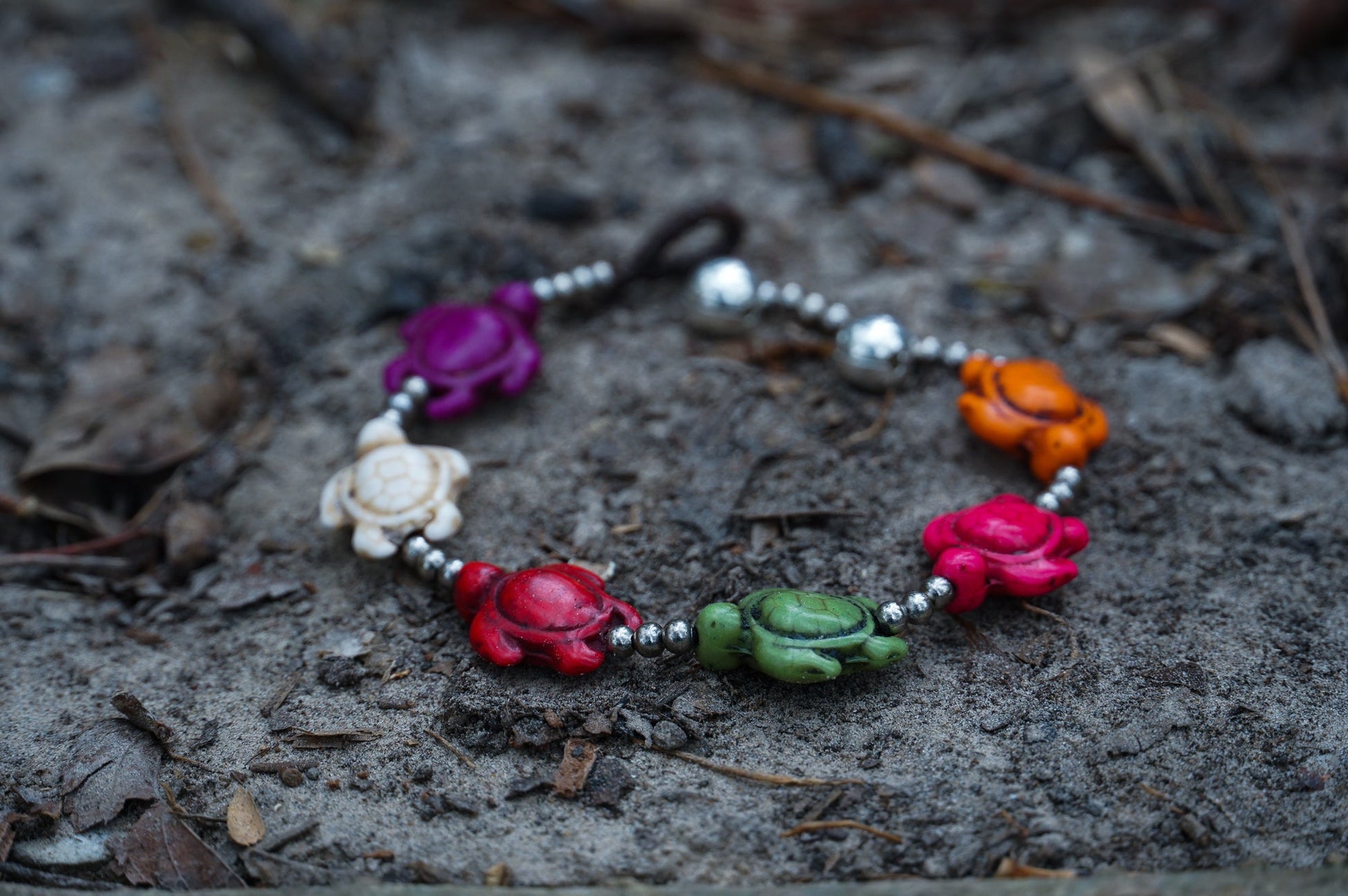 Turquoise Turtle Bracelet With Silver Beads Boho Adjustable