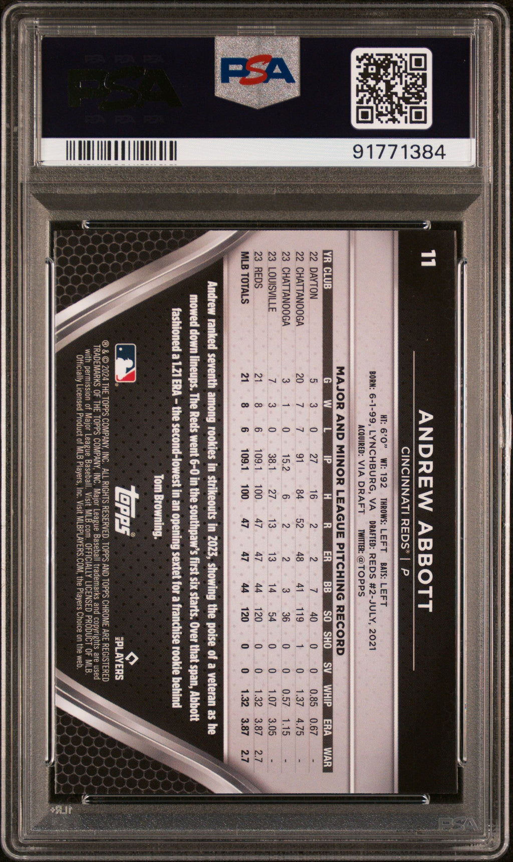 Graded 2024 Topps Chrome Black Andrew Abbott #11 Rookie RC Baseball Card PSA 10 Gem Mint