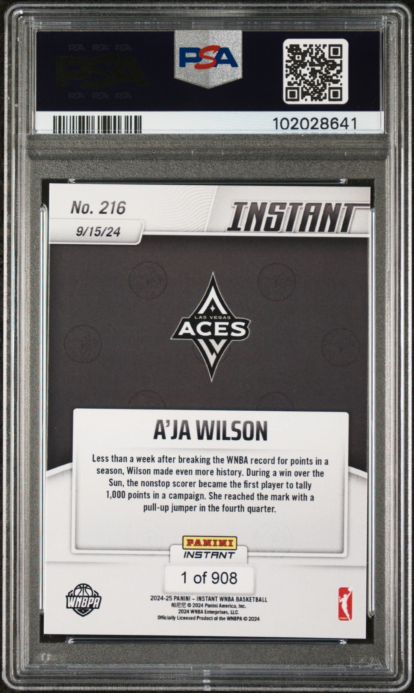 Graded 2024 Panini Instant WNBA A'ja Wilson #216 Basketball Card PSA 10 Gem Mint