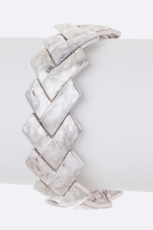 Vintage Chevron Stretch Bracelet Silver Tone Wide Link