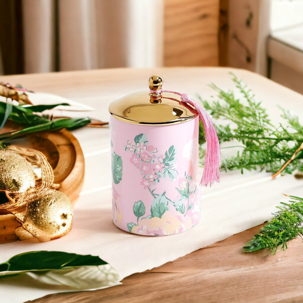 Vintage Floral Scented Soy Candle 10.6oz Porcelain Jar Gold Lid Gift Box