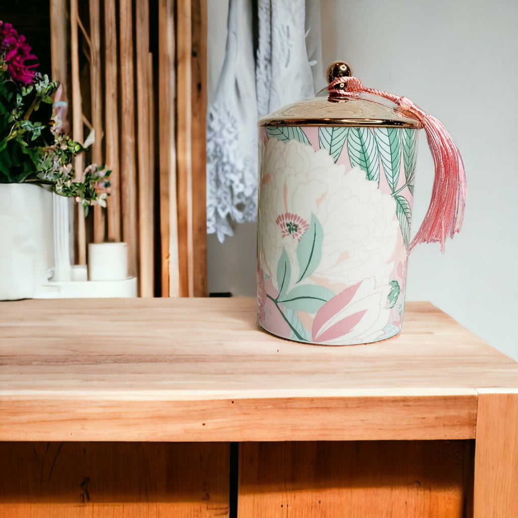 Vintage Floral Scented Soy Candle 10.6oz Porcelain Jar Gold Lid Gift Box