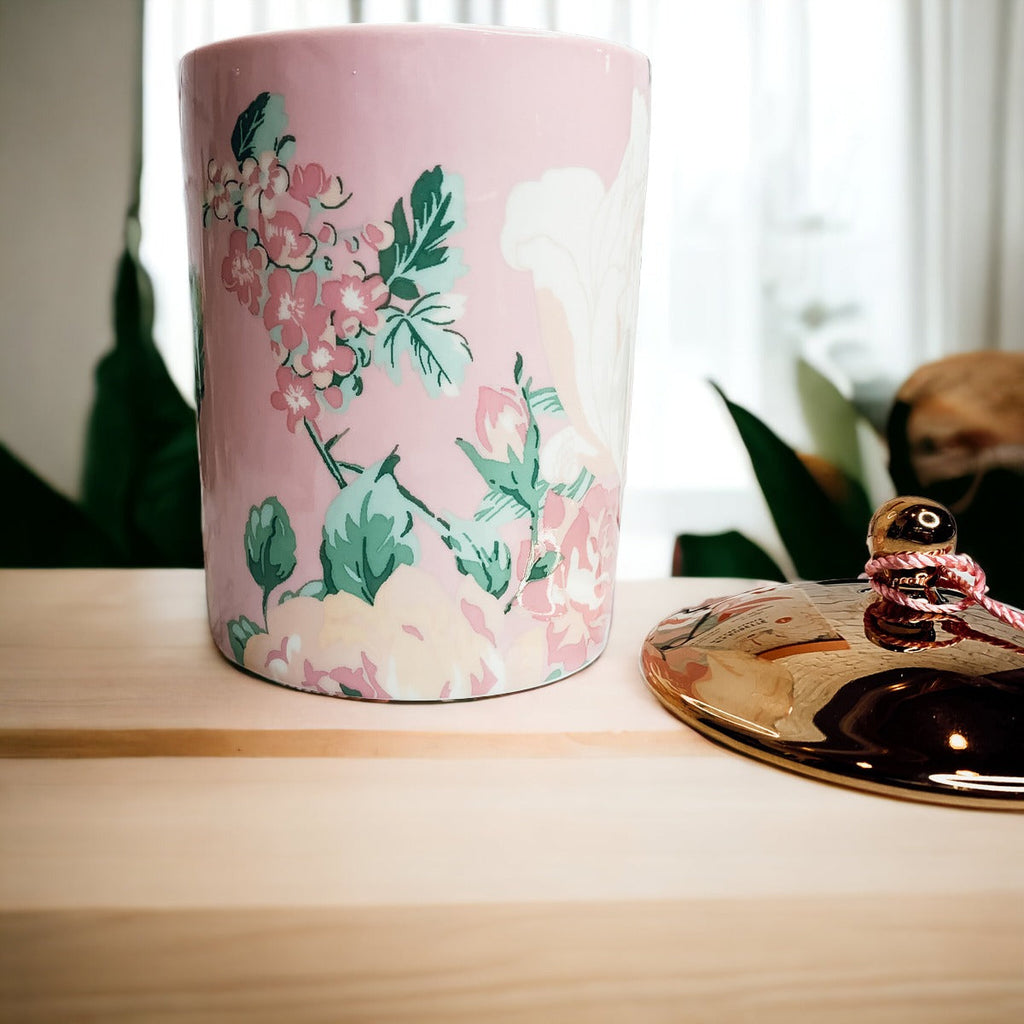 Vintage Floral Scented Soy Candle 10.6oz Porcelain Jar Gold Lid Gift Box