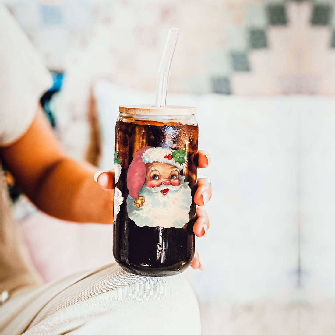 Vintage Santa Cheers 17oz Ceramic Holiday Mug - Retro Santa Heads Cocoa Cup