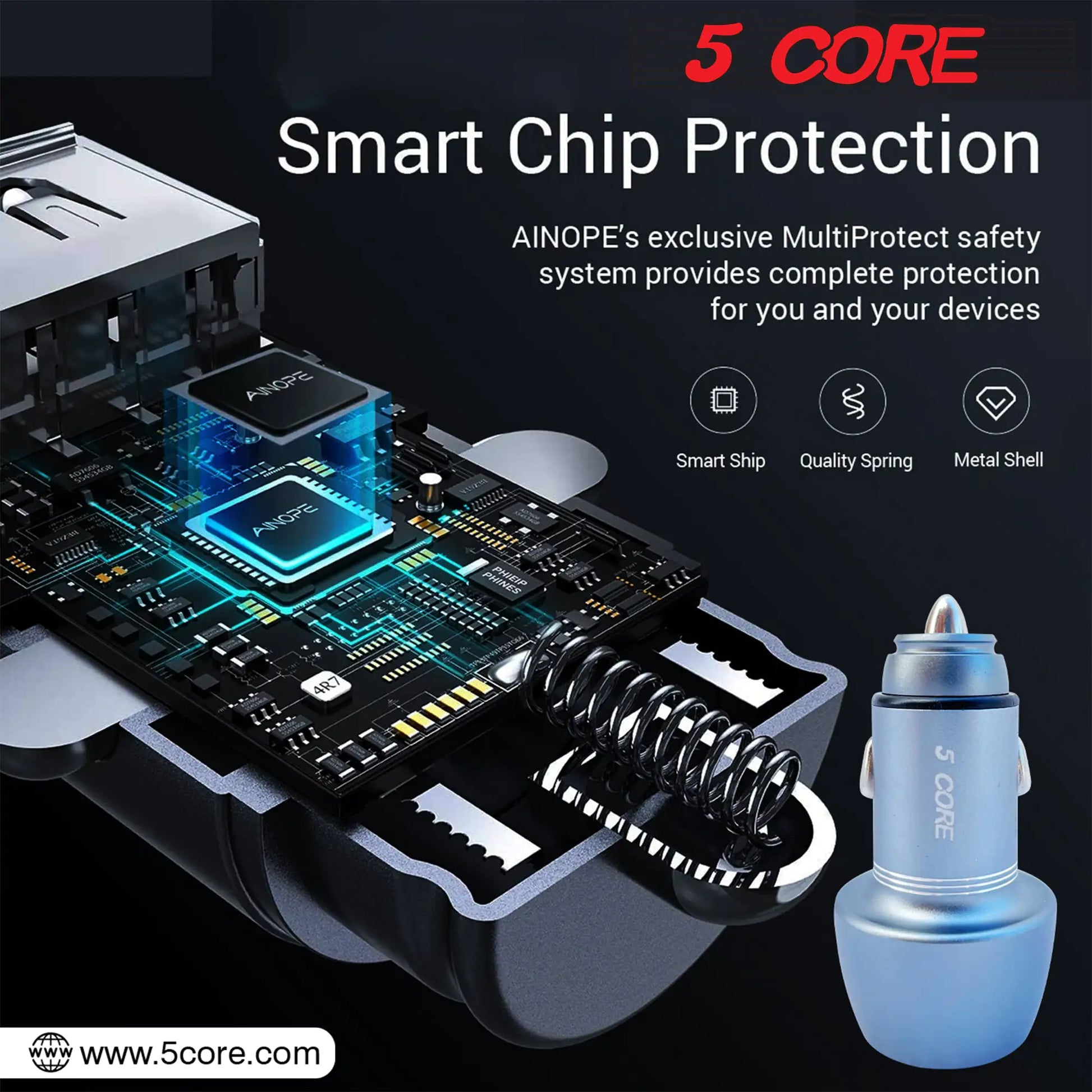 5Core USB Car Charger 36W Type C Cigarette Lighter Adapter Outlet Fast Charging