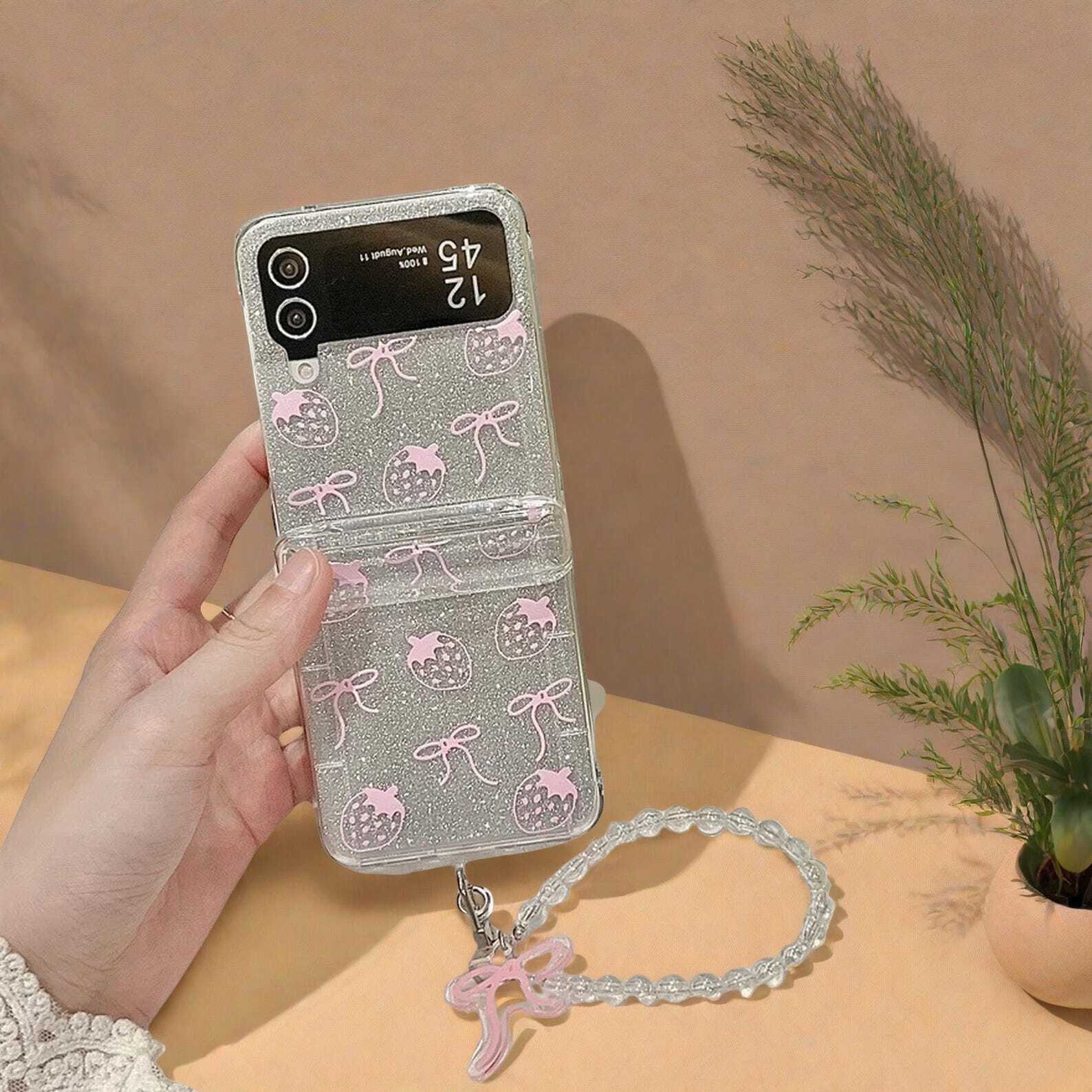Cute Bow Strawberry Glitter Phone Case with Card Holder and Bracelet for Samsung Galaxy Z Flip 3 4 5 6 - Stylish Protective Cover